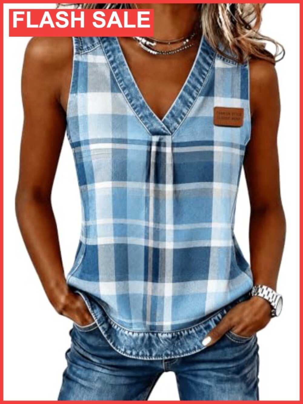 Women's V Neck Sleeveless Tank Top Loose Fit Plaid Tunic Casual Summer
